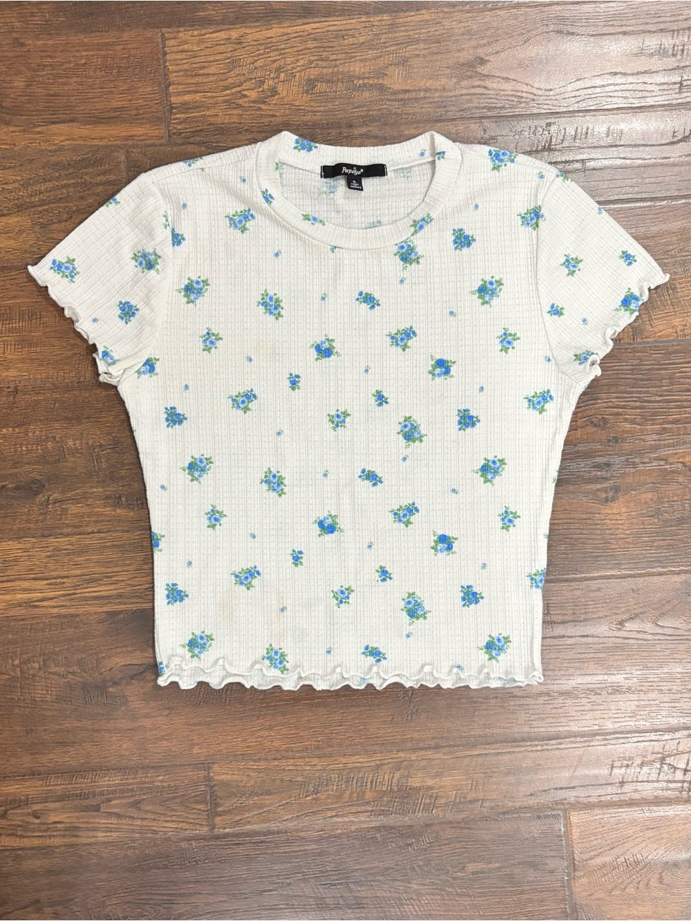 Papaya Cream Ribbed Floral Lettuce-Edge Crop Top